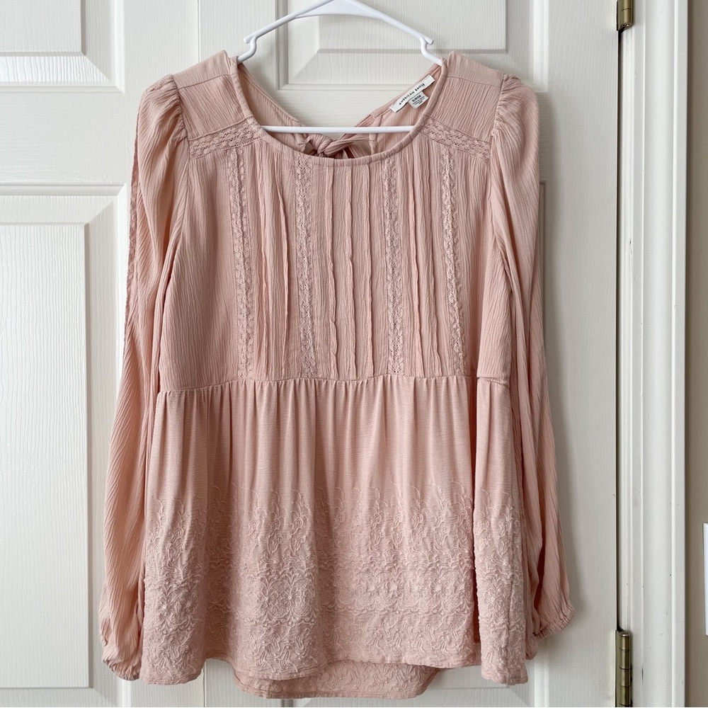 American Eagle Ballet Pink Peasant Babydoll Lace Floral Embroidered Blouse